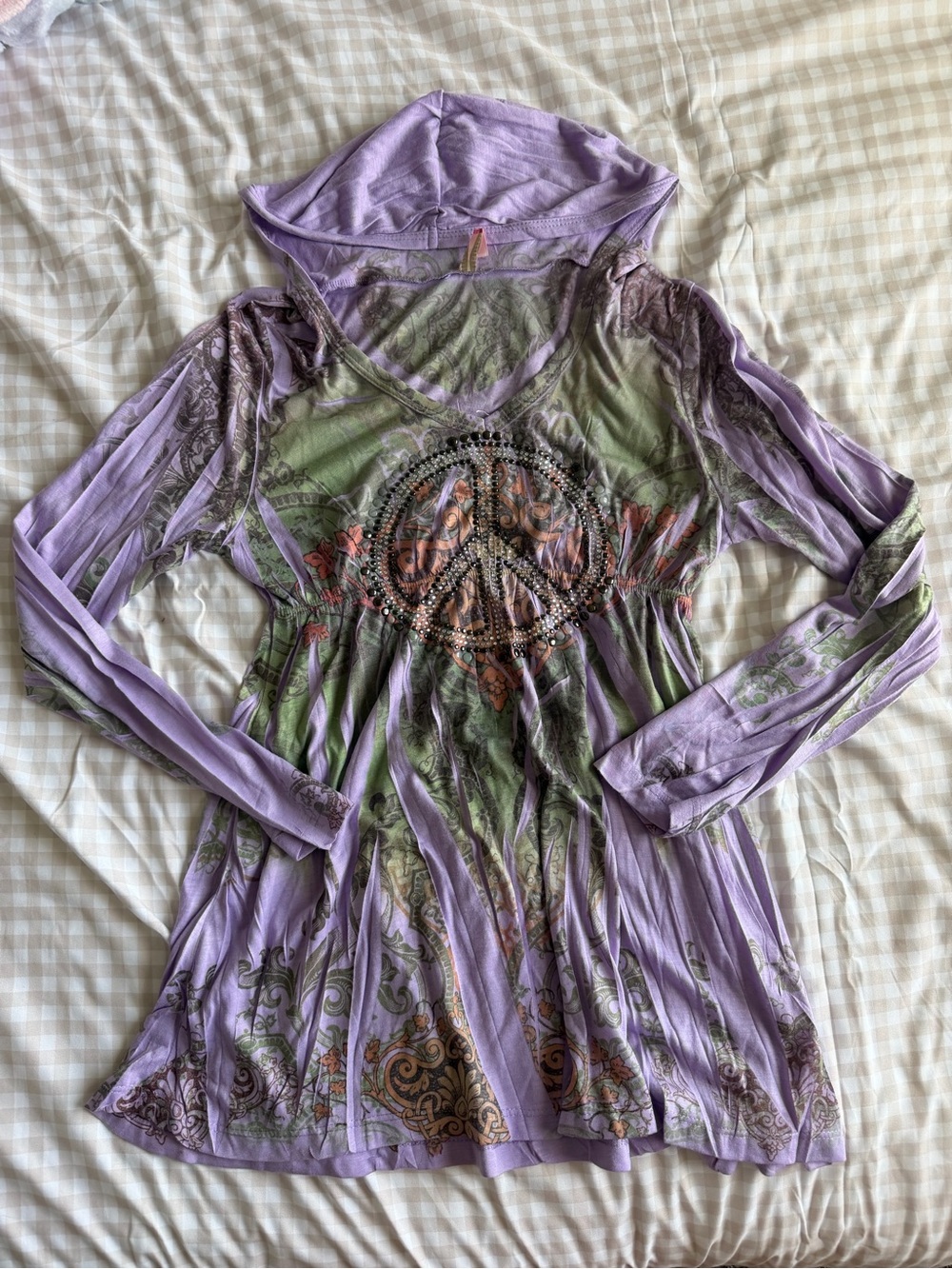 Hot Choco Purple Y2K Rhinestone Peace Sign Hooded Top (L)
